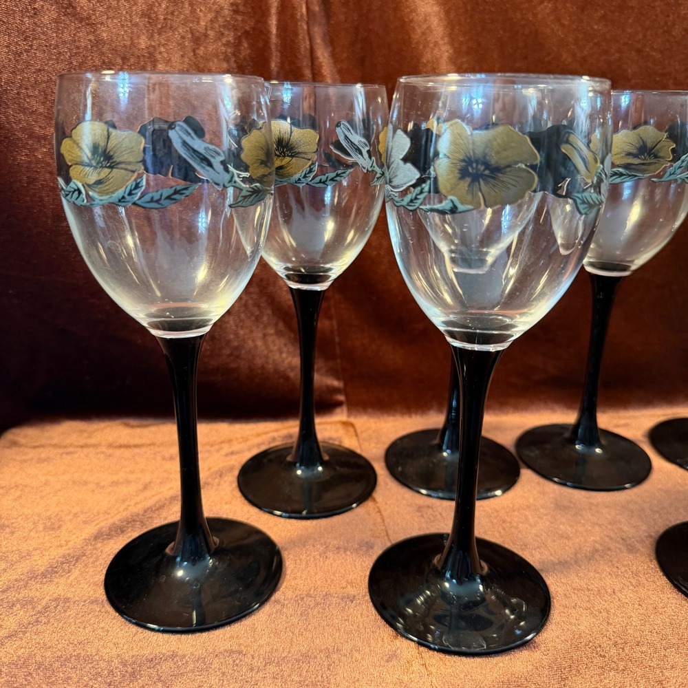 Vintage Floral Wine Glasses Set of 8‎ Black Stem Blue Gold Flower Barware